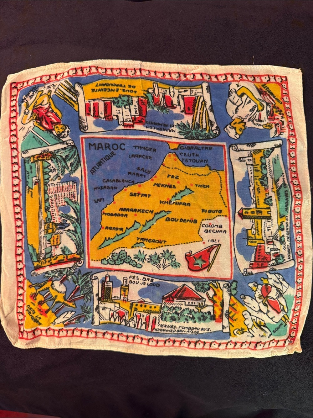 Vintage Morocco Map Souvenir Scarf - Yellow, Blue, Red